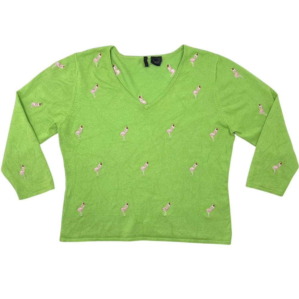 ETOILE Tropical Christmas‎ Top Flamingos With Santa Hats 3/4 Sleeve Womens Lg